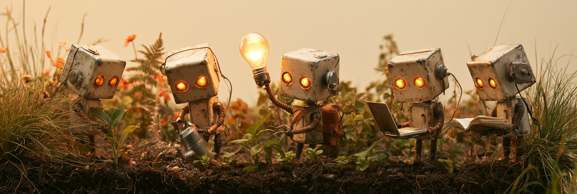 A row of small glowing-eyed robots in a field.