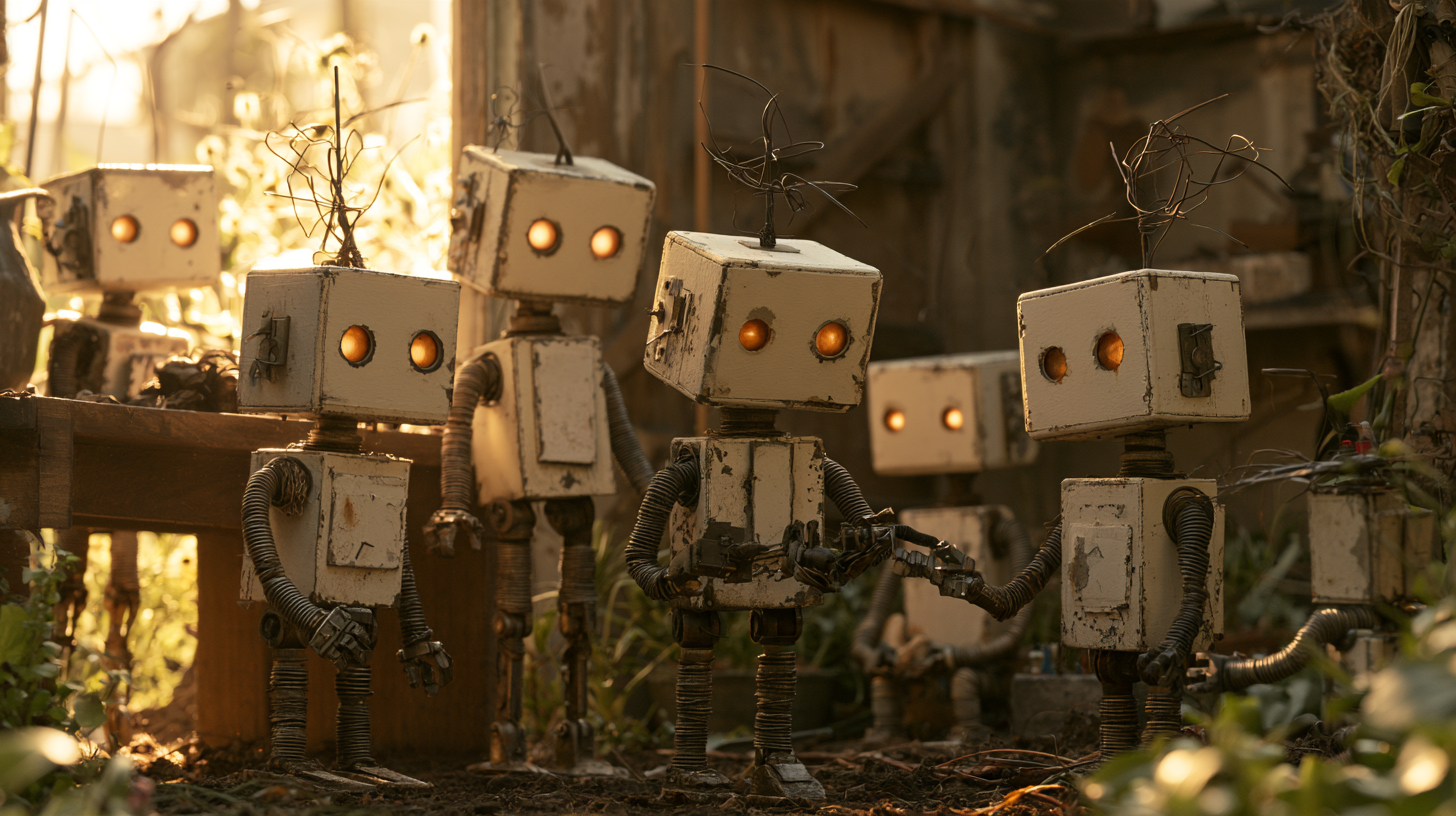Several small robots standing together inside a timber workshop, warm light coming through the boards.