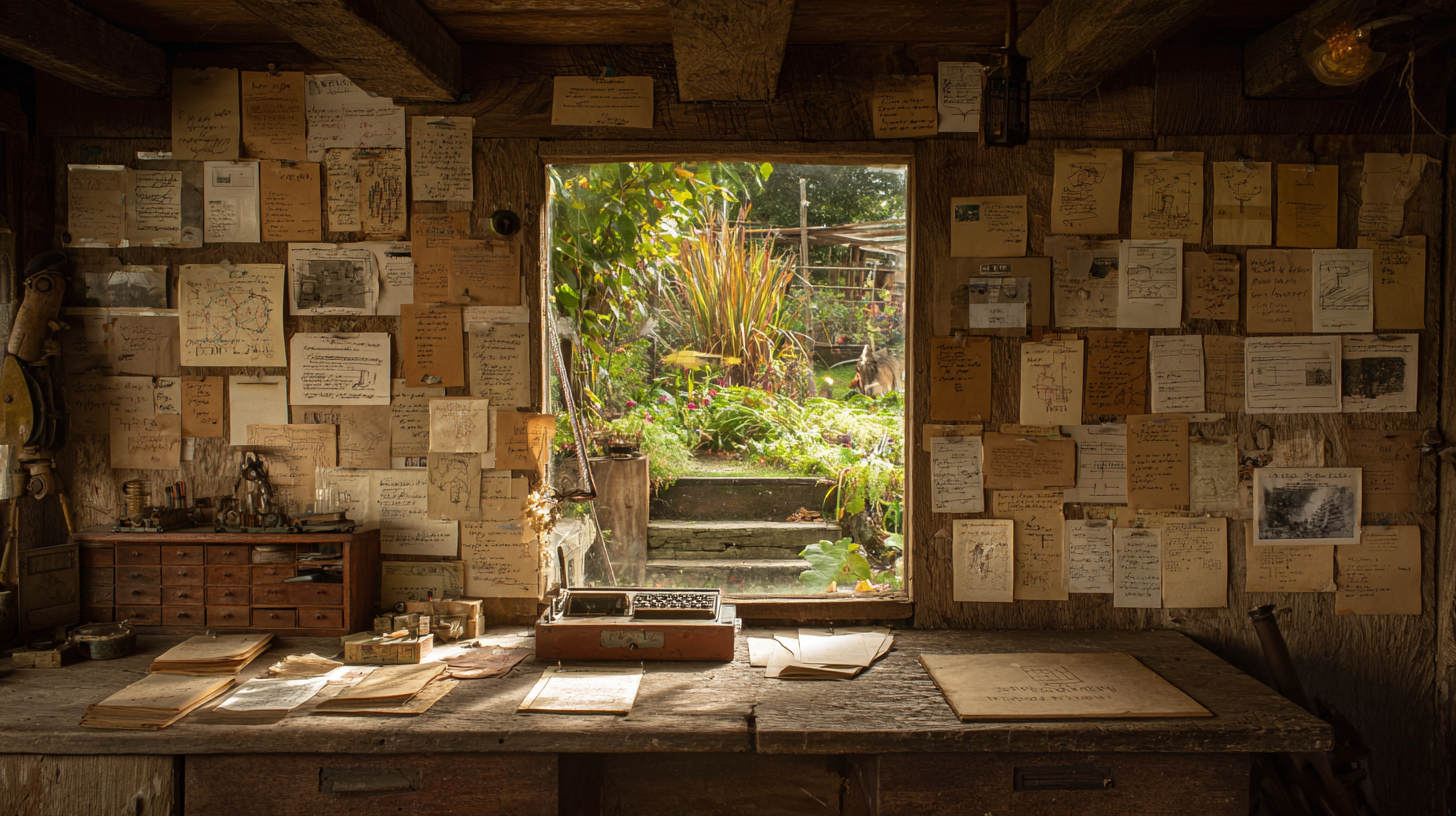 A shed interior with papers pinned across both walls and an open door onto a garden.