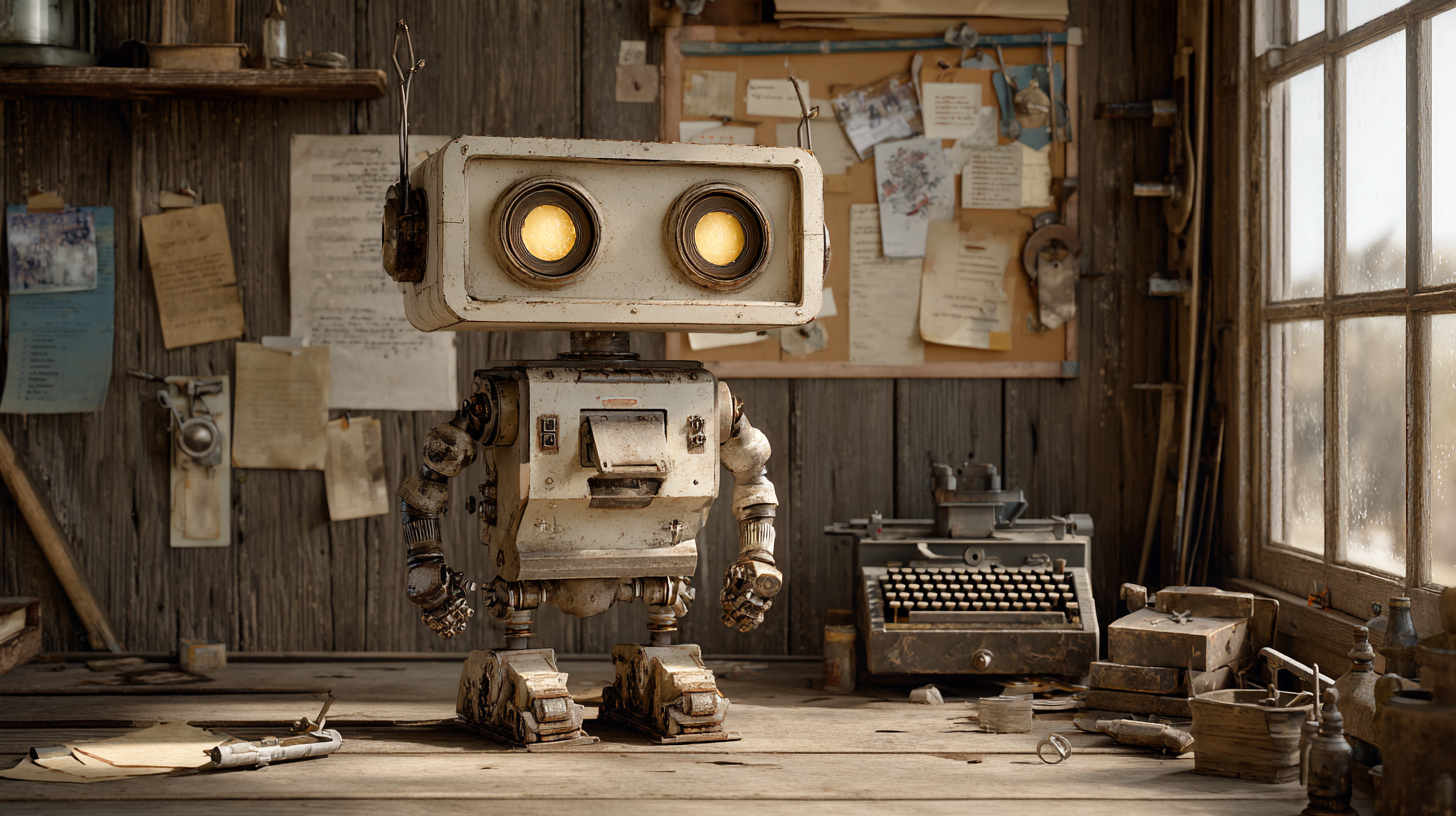 A small robot in front of a plank wall covered in pinned notes, an old typewriter on the bench beside it.