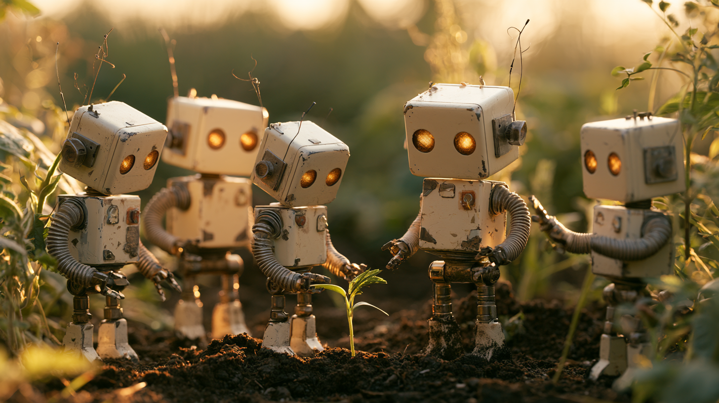 A group of small boxy robots gathered around a single seedling in a garden bed at golden hour.