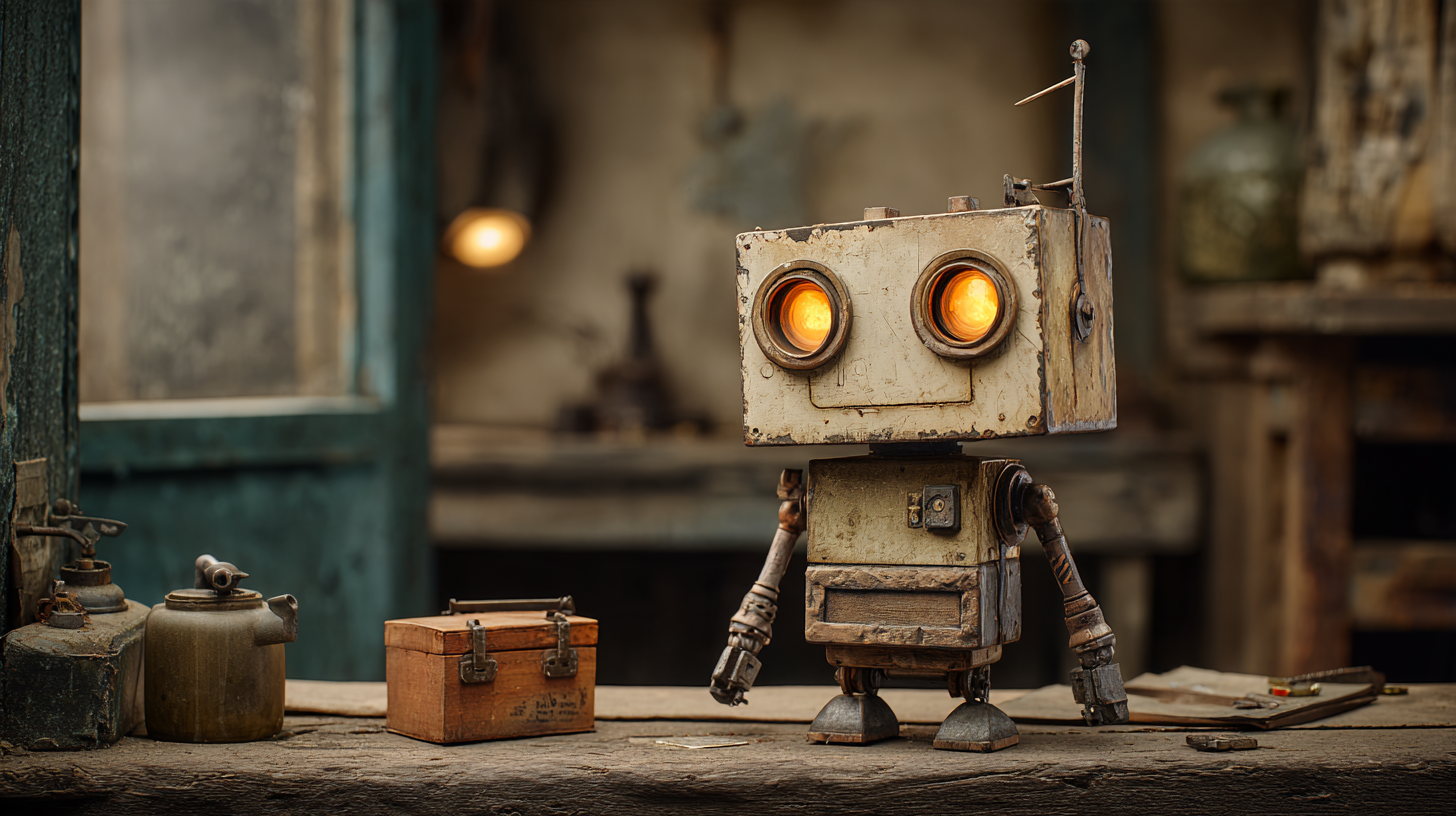 A single small robot on a workbench with a lit lamp and a painted door behind it.