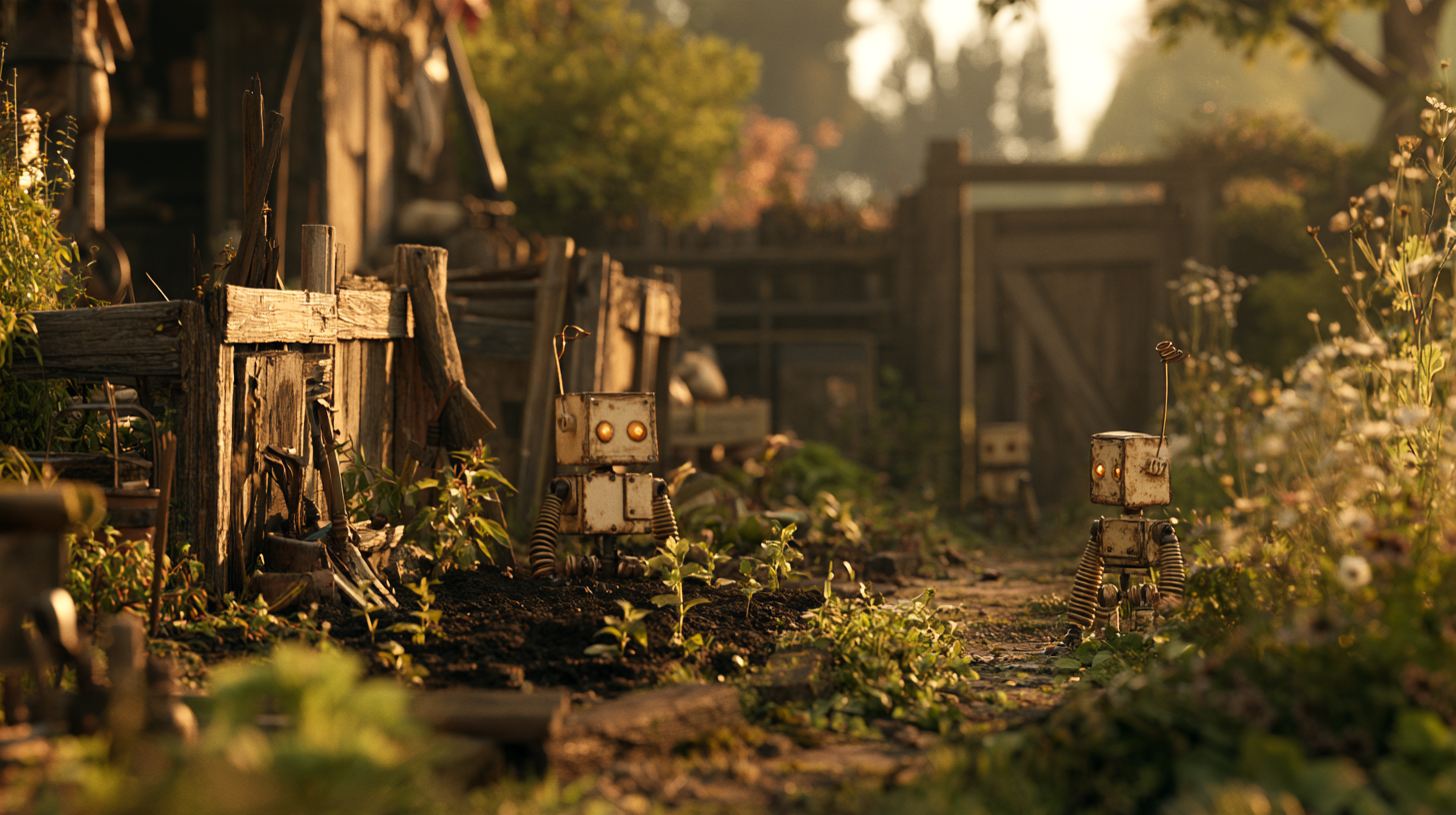 An empty allotment yard with a wooden gate and two small robots far in the distance.