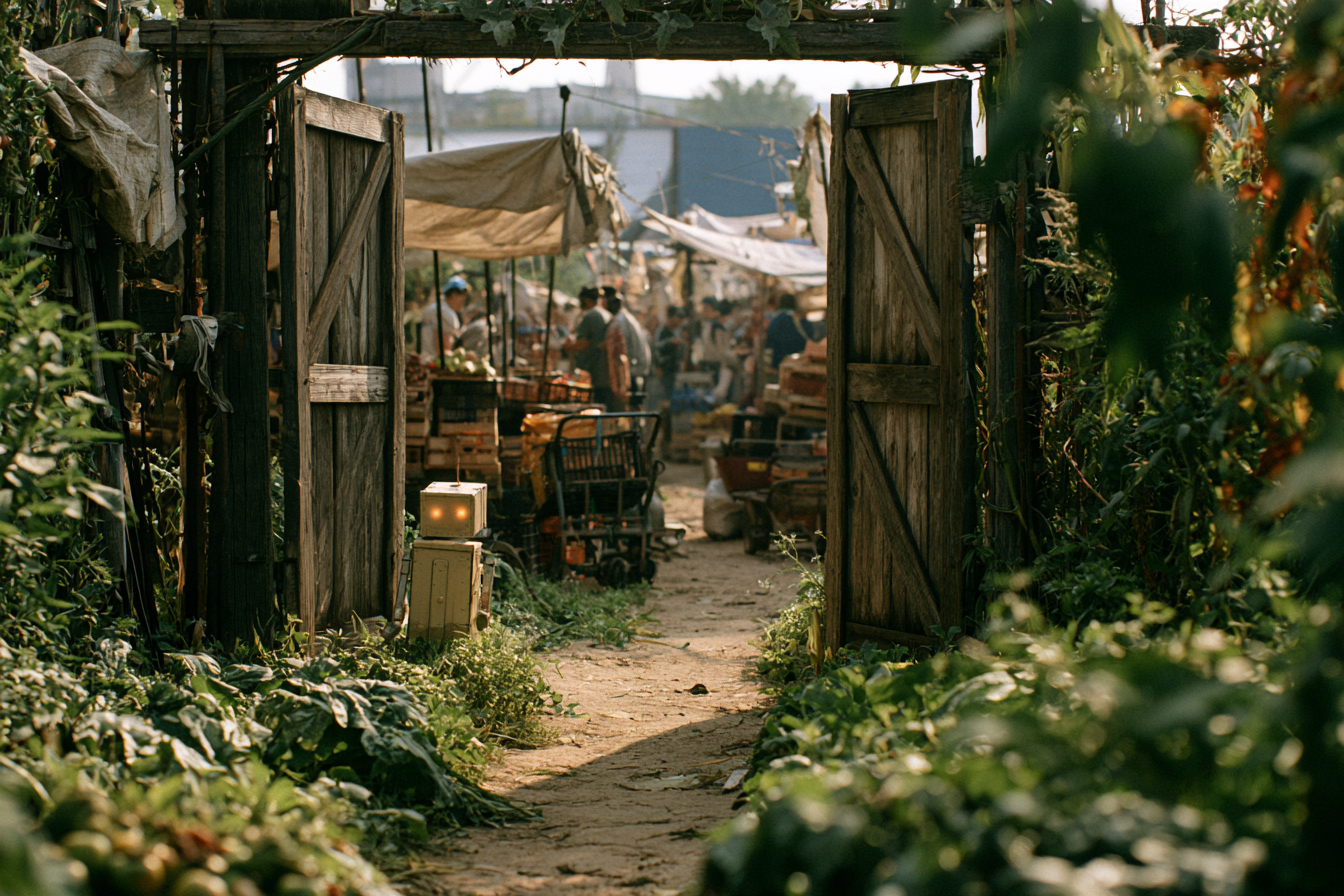 A tiny robot at the edge of a garden gate looking toward a busy human market.