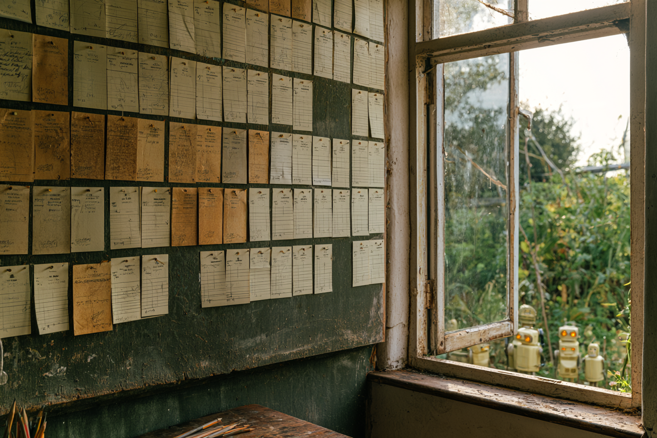 A wall of observation cards beside an open window onto the garden.