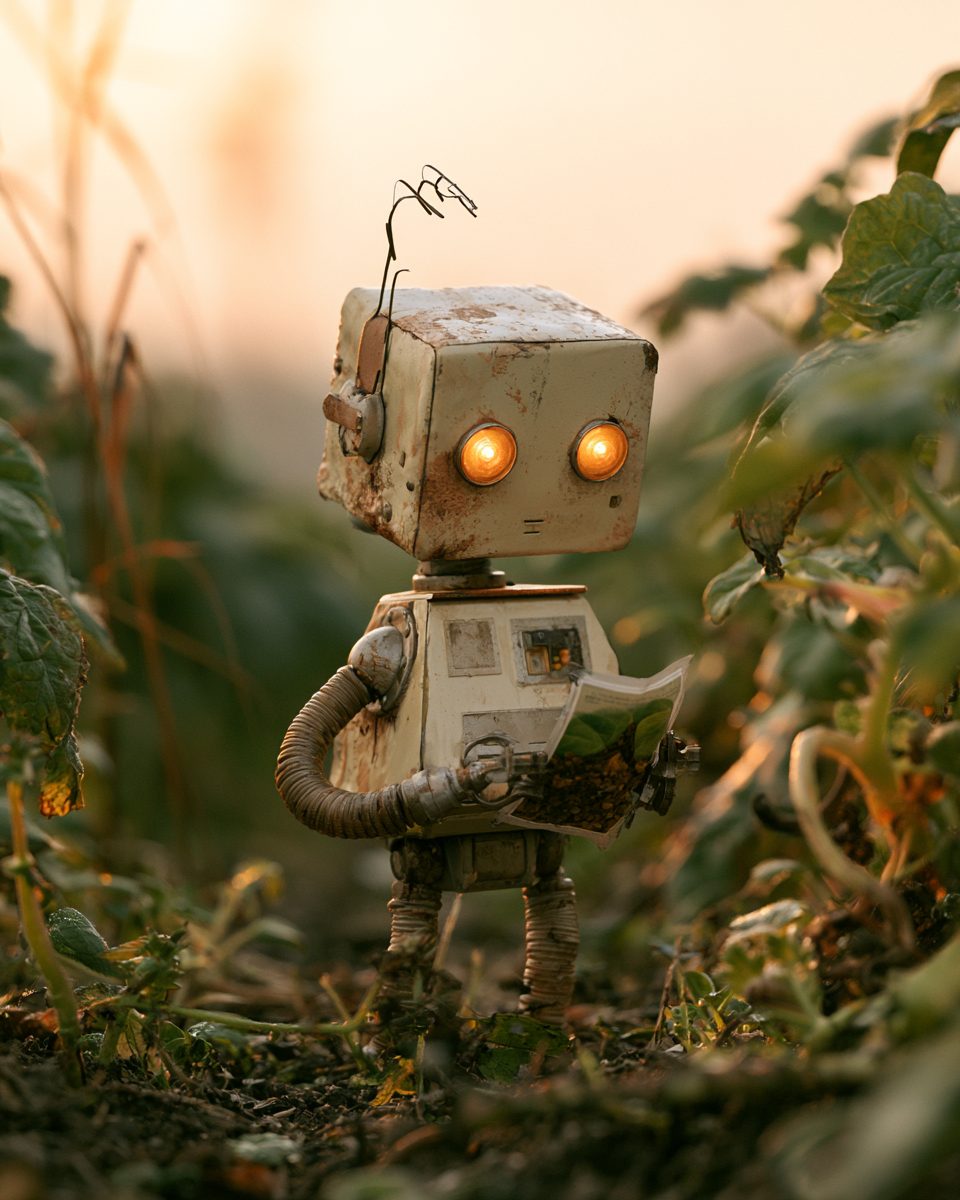 A small glowing-eyed robot standing upright in the field.